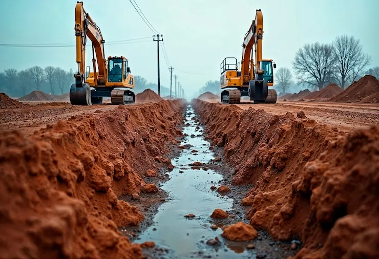 Excavation trench with equipment