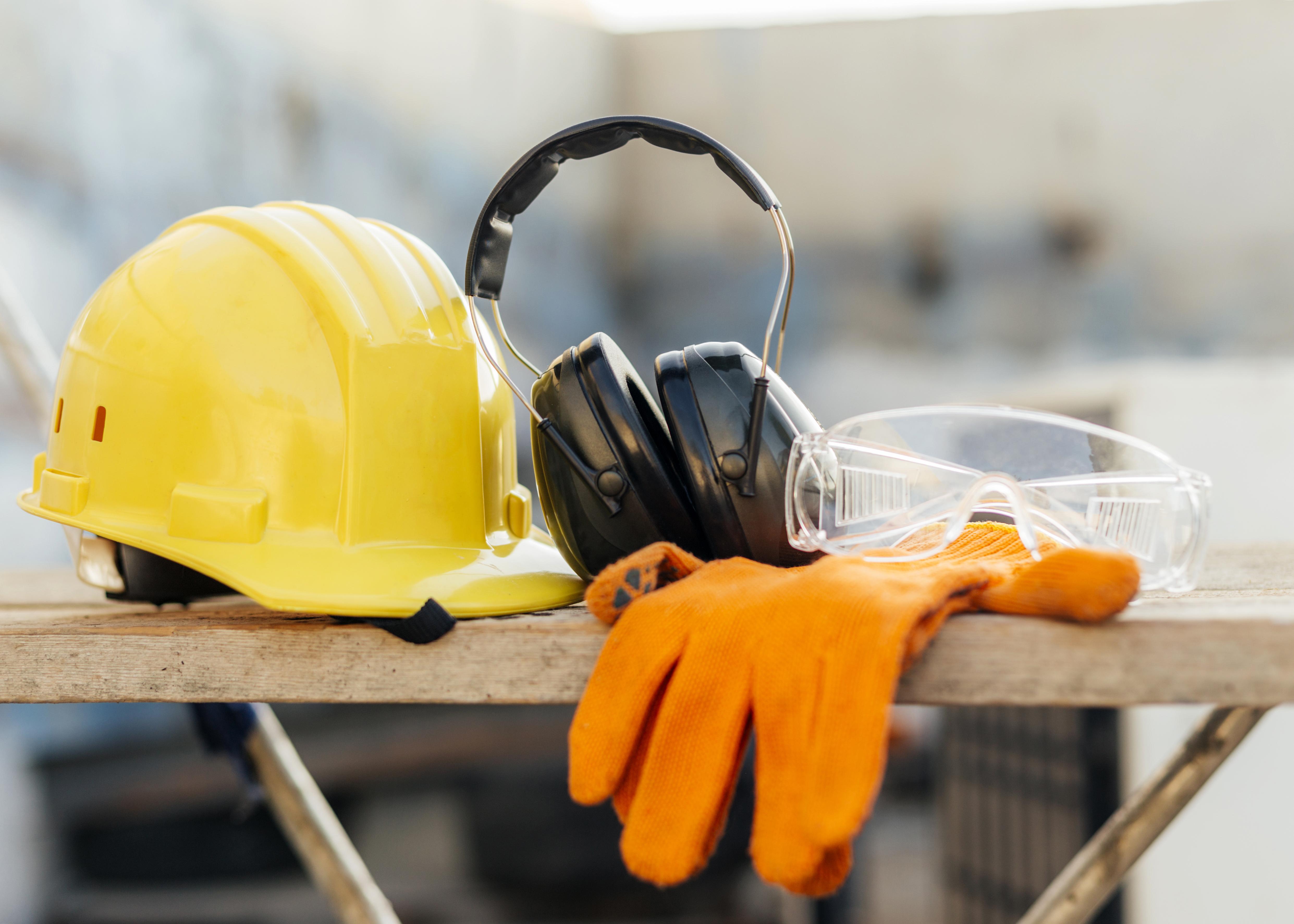 PPE including hard hat, gloves, and hearing protection